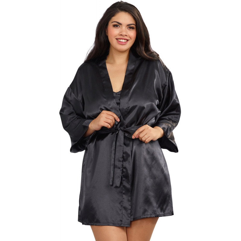 Nuisette grande taille noire avec peignoir satinés - DG3717XBLK