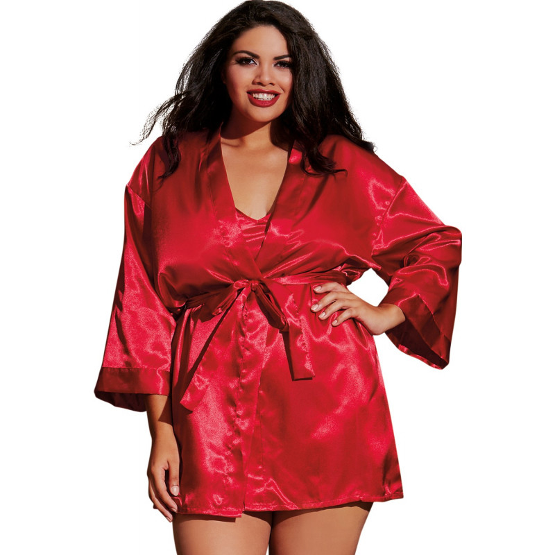 Nuisette grande taille rouge avec peignoir satinés - DG3717XRED