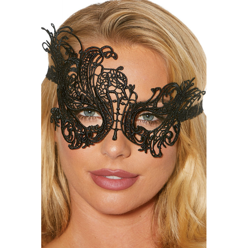 Masque noir asymétrique brodé dentelle de Venise - SOH90398BLK