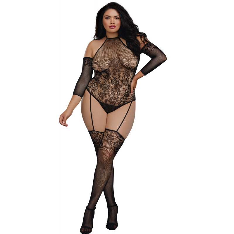 Bodystocking grande taille résille effet bas jarretelles - DG0310XBLK