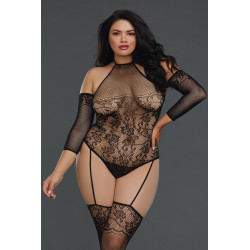 Bodystocking grande taille résille effet bas jarretelles - DG0310XBLK