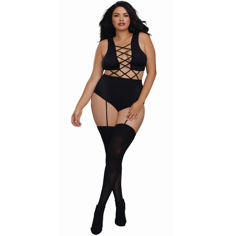 Bodystocking opaque grande taille effet culotte bolero et bas - DG0312XBLK