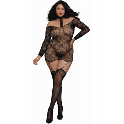 Bodystocking résille guêpière grande taille réversible avec tour de cou - DG0318XBLK