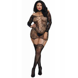 Bodystocking résille guêpière grande taille réversible avec tour de cou - DG0318XBLK