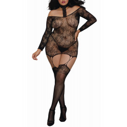 Bodystocking résille guêpière grande taille réversible avec tour de cou - DG0318XBLK