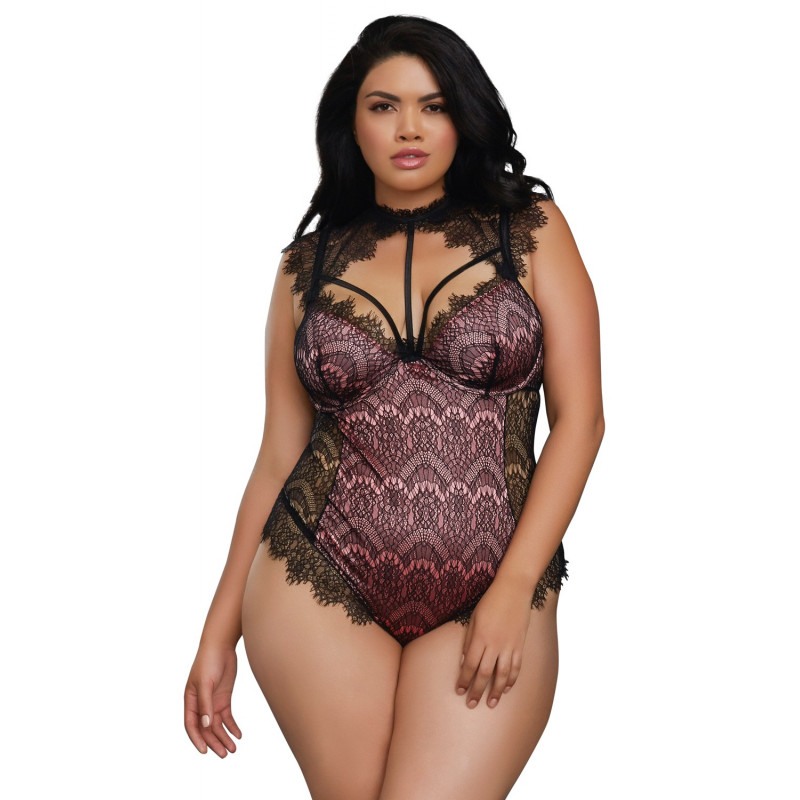 Body vieux rose grande taille satinée avec dentelle fils noire bonnets à armatures - DG10537XBLP