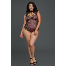 Body vieux rose grande taille satinée avec dentelle fils noire bonnets à armatures - DG10537XBLP