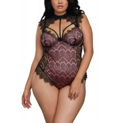 Body vieux rose grande taille satinée avec dentelle fils noire bonnets à armatures - DG10537XBLP