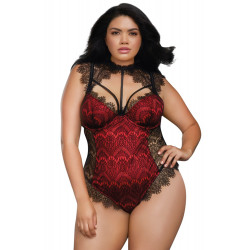 Body rouge grande taille satinée avec dentelle fils noire bonnets à armatures - DG10537XBLR