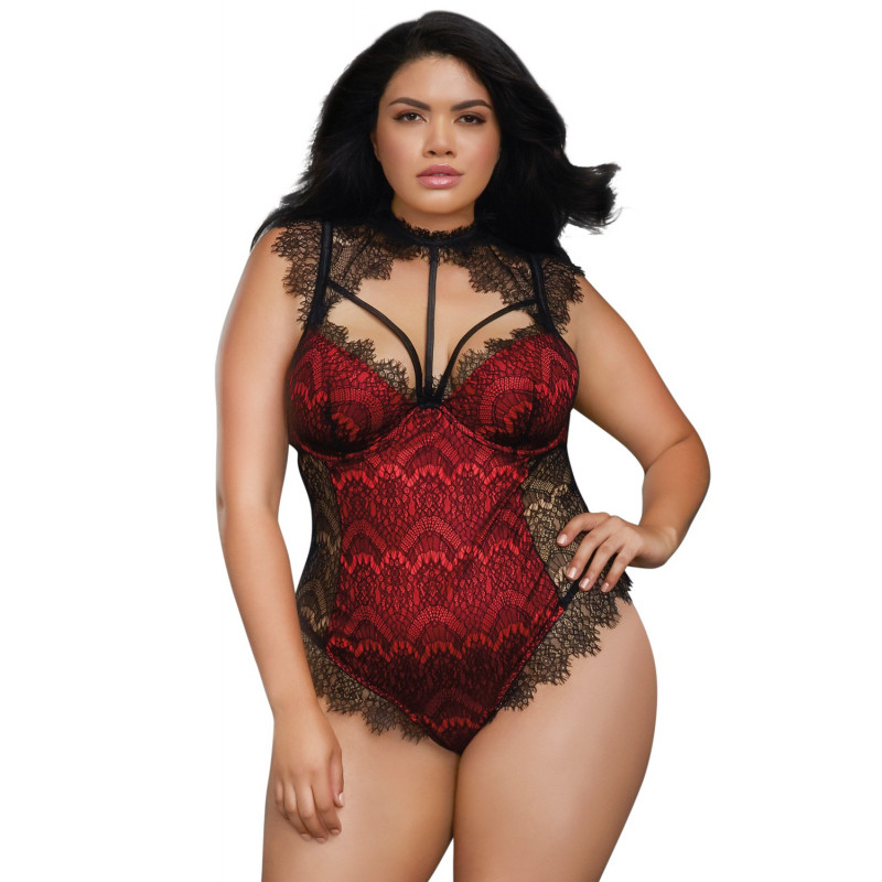 Body rouge grande taille satinée avec dentelle fils noire bonnets à armatures - DG10537XBLR