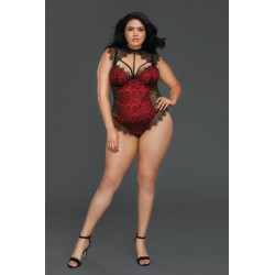 Body rouge grande taille satinée avec dentelle fils noire bonnets à armatures - DG10537XBLR