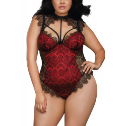 Body rouge grande taille satinée avec dentelle fils noire bonnets à armatures - DG10537XBLR