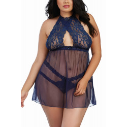 Nuisette grande taille bleue maille fine et dentelle - DG11503XMID