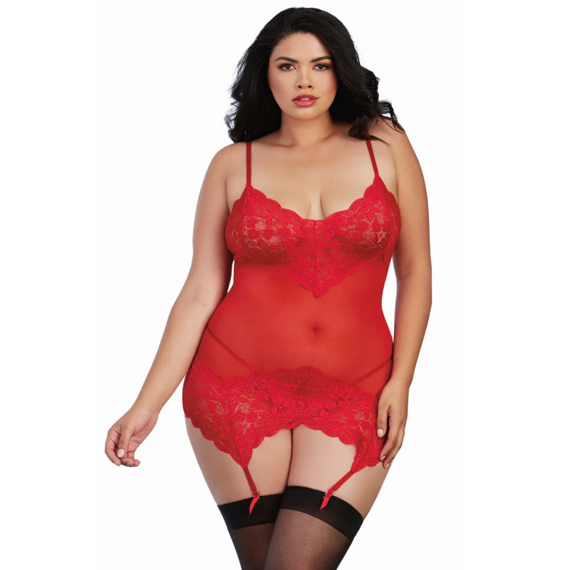 Guêpière grande taille rouge rubis dentelle et mesh - DG11518XRUB