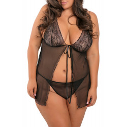 Nuisette grande taille ouvete noire avec string - REN51006X-BLK