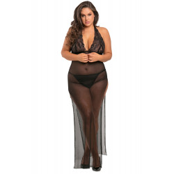 Nuisette longue grande taille fendue transparente - REN51004X-BLK