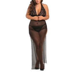 Nuisette longue grande taille fendue transparente - REN51004X-BLK