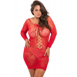 Nuisette grande taille rouge fine résille manches longues - REN7067X-RED