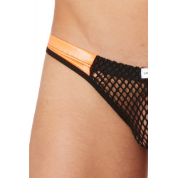 String noir filet avec bandes simili cuir oranges - LM911-57MBKO