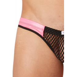 Slip noir filet avec bandes simili cuir roses - LM911-61MBKM