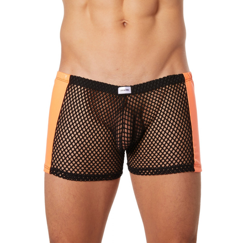 Boxer noir filet avec côtés simili cuir orange - LM911-67MBKO