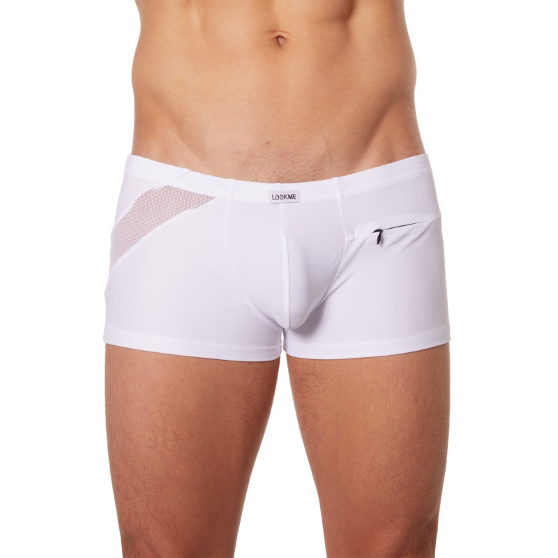 Boxer blanc sexy avec bandes fine résille et déco zippée - LM808-67WHT