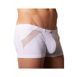 Boxer blanc sexy avec bandes fine résille et déco zippée - LM808-67WHT