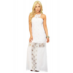 Robe longue blanche fendue avec broderie - MAR4602WHT