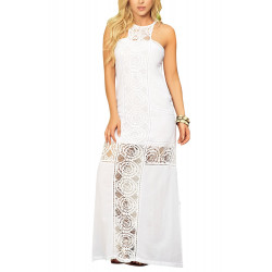 Robe longue blanche fendue avec broderie - MAR4602WHT