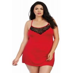 Nuisette sexy rouge grande taille en coton avec dentelle noire sur poitrine et dos plongeant - DG9703XRED