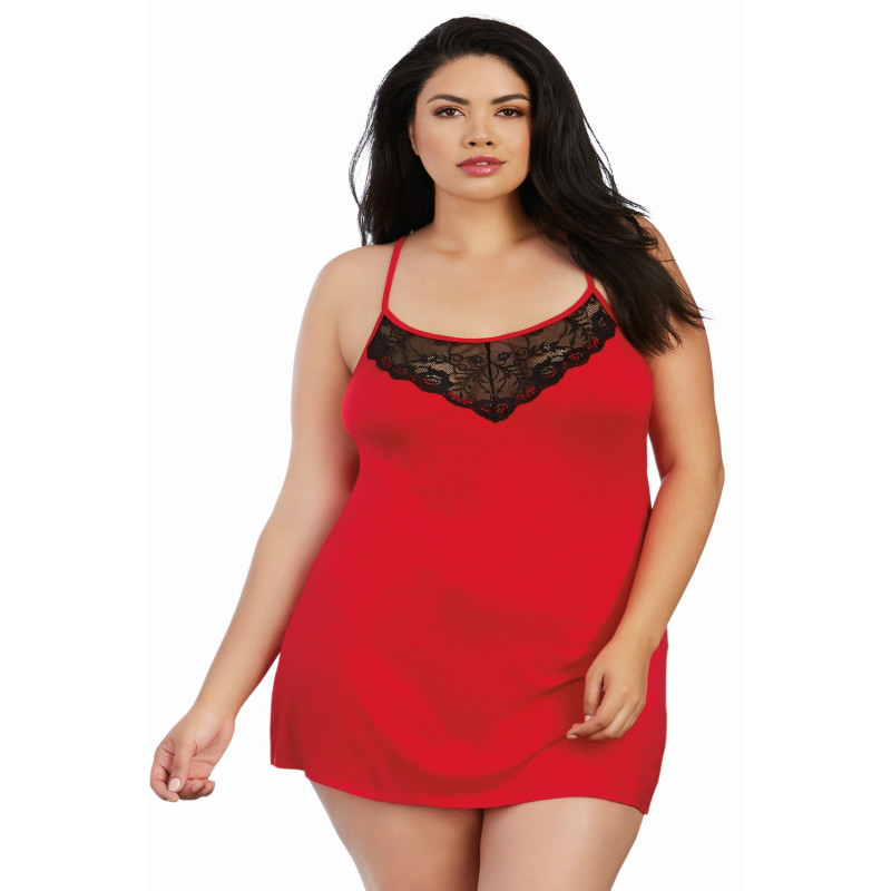 Nuisette sexy rouge grande taille en coton avec dentelle noire sur poitrine et dos plongeant - DG9703XRED