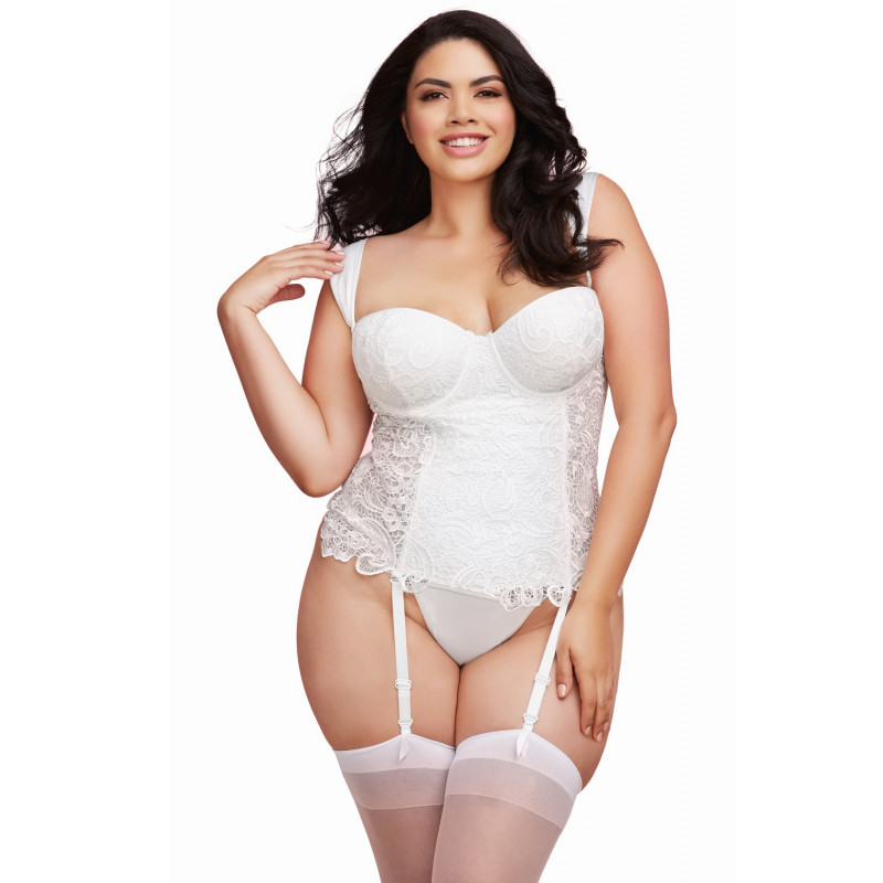 Guêpière grande taille à balconnet blanche satinée et dentelle de Venise armatures poitrine avec string - DG11012XWHT