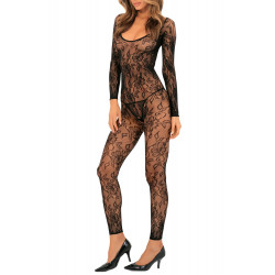 Bodystocking noir floral ouvert à l'entre-jambes - REN7072BLK