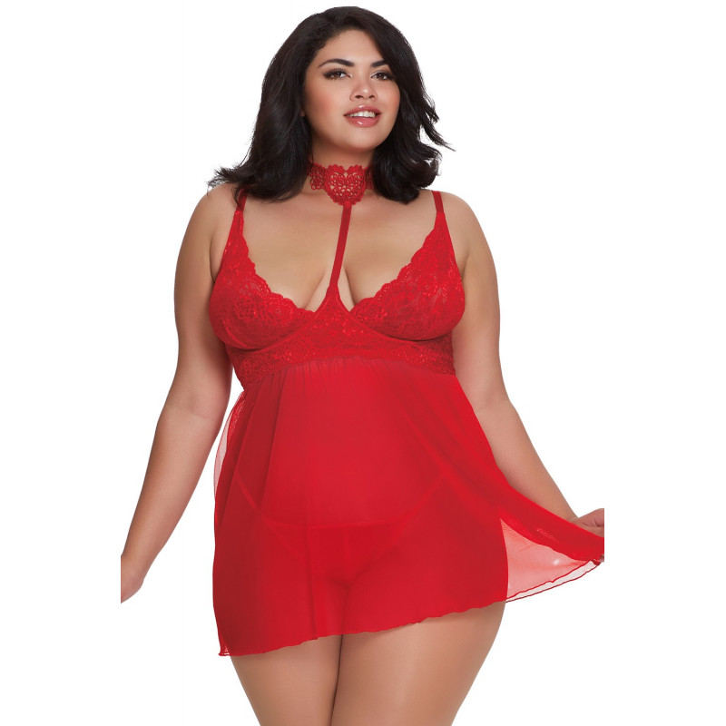 Nuisette rouge grande taille dentelle et voile avec string ouvert - DG11786XRED