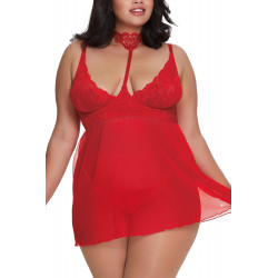 Nuisette rouge grande taille dentelle et voile avec string ouvert - DG11786XRED