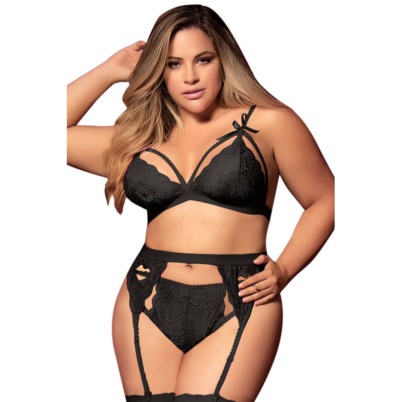 Ensemble 3 pièces noir grande taille  soutien-gorge string porte-jarretelles - MAL8221XBLK