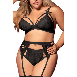 Ensemble 3 pièces noir grande taille  soutien-gorge string porte-jarretelles - MAL8221XBLK