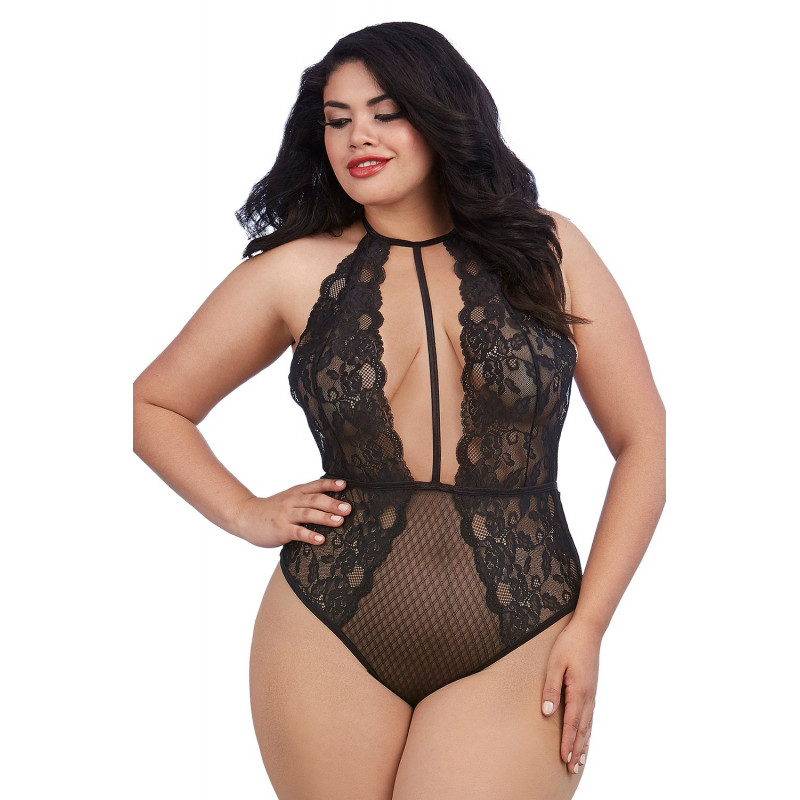 Body string grande taille noir en dentelle - DG11607XBLK