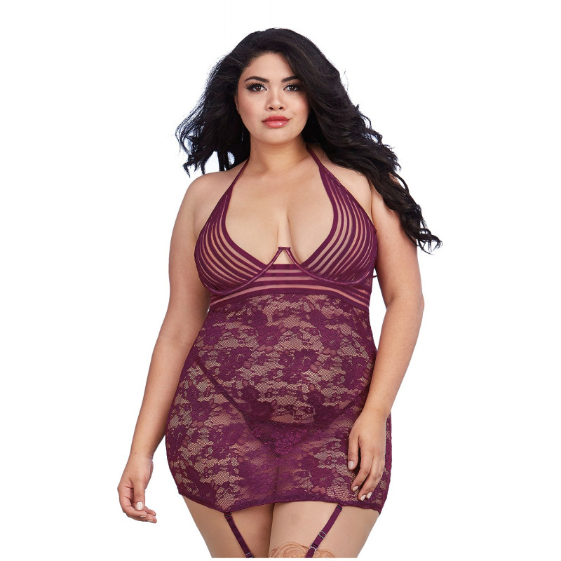 Nuisette Grande taille avec porte jarretelle framboise - DG11843XMUL