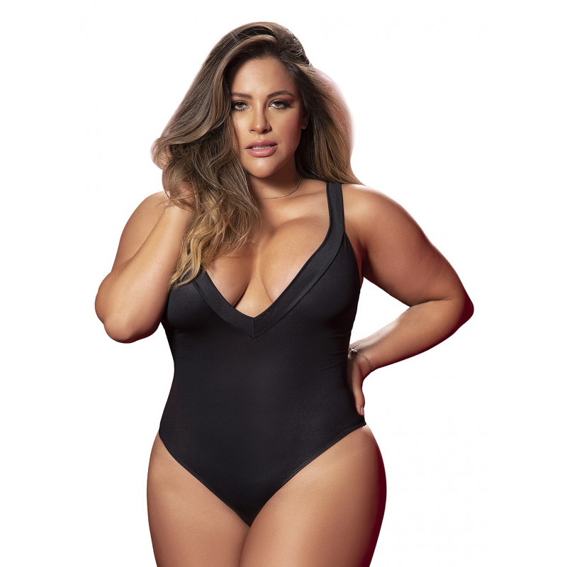 Body grande taille décolleté en V dos lacé et ouverture sur les fesses - MAL2596XBLK