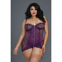 Nuisette grande taille  prune avec zip et jarretières - DG11803XPLU