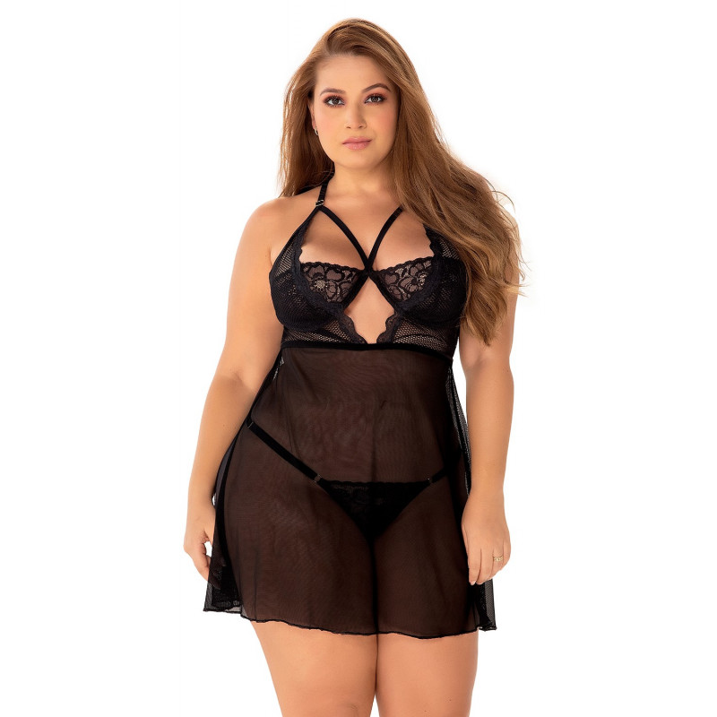 Nuisette  grande taille  noire dentelle avec multi lanières ajustables - MAL7343XBLK