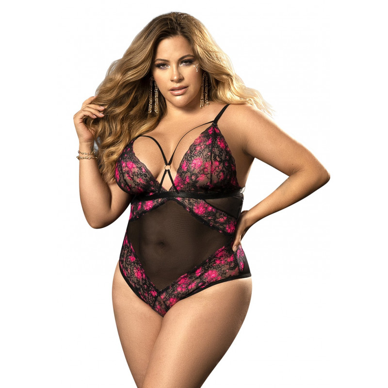 Body  grande taille   en fine résille et imprimé florale - MAL8644XBPK