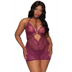 Nuisette grande taille en dentelle et résille  string assorti - DG12446XMUL