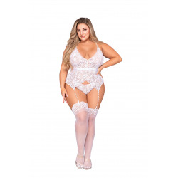 Ensemble grande taille guêpière et string en dentelle blanche - DG12508XWHT