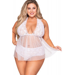 Babydoll grande taille dentelle et résille et string assorti - DG12190XWHT