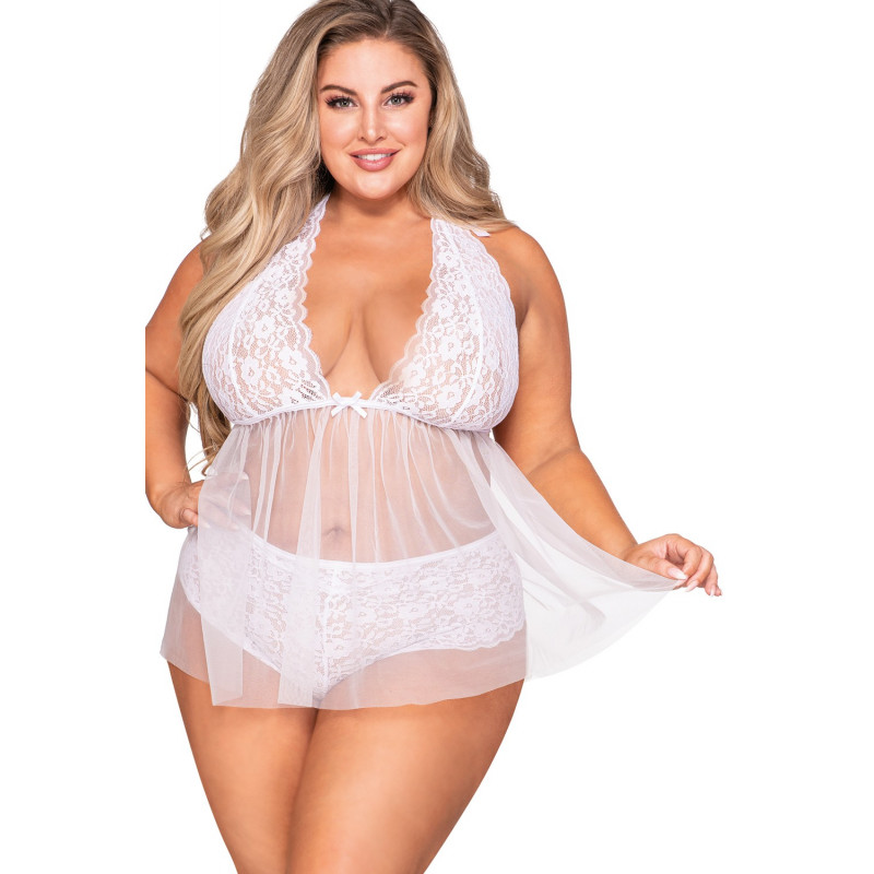 Babydoll grande taille dentelle et résille et string assorti - DG12190XWHT