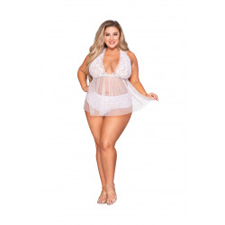 Babydoll grande taille dentelle et résille et string assorti - DG12190XWHT