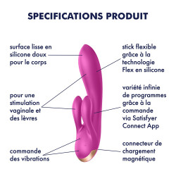 Vibromasseur chauffant connecté USB avec stimulateur de clitoris rose Double Flex Satisfyer - CC597776