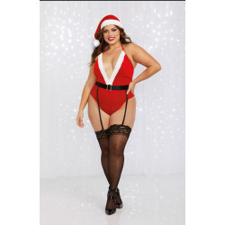 Déguisement mère noël grande taille  body avec porte jarretelles  ceinture et bonnet - DG12403XCOS